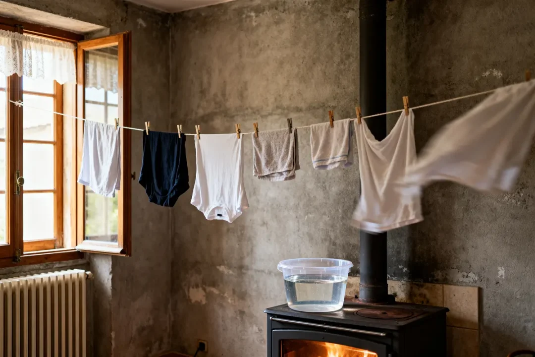 Vêtements séchant près d'un poêle pour apprendre comment humidifier une pièce efficacement