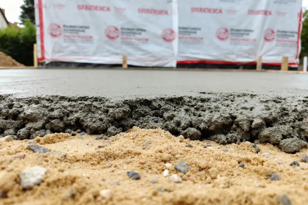 Vue rapprochée d'une chape en construction avec dosage pour une chape de 5 cm