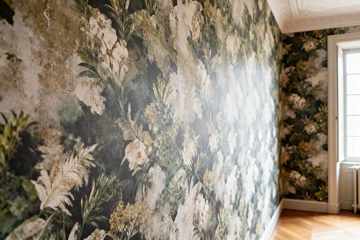Papier peint floral Elitis décorant un mur lumineux d'une pièce élégante et spacieuse