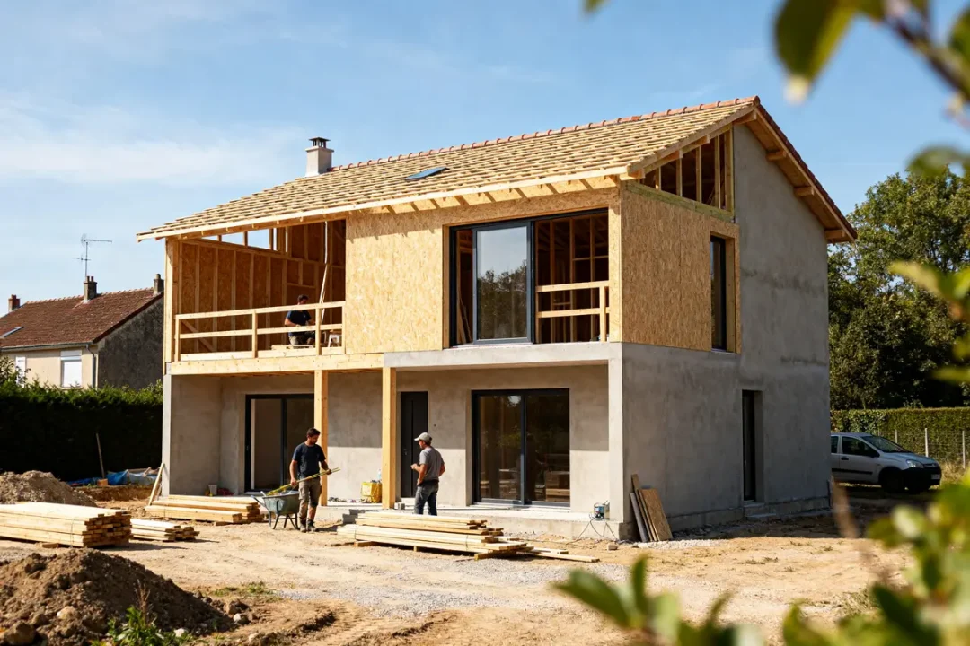 Construction en bois d'une maison Mikit moderne avec ouvriers sur le chantier extérieur