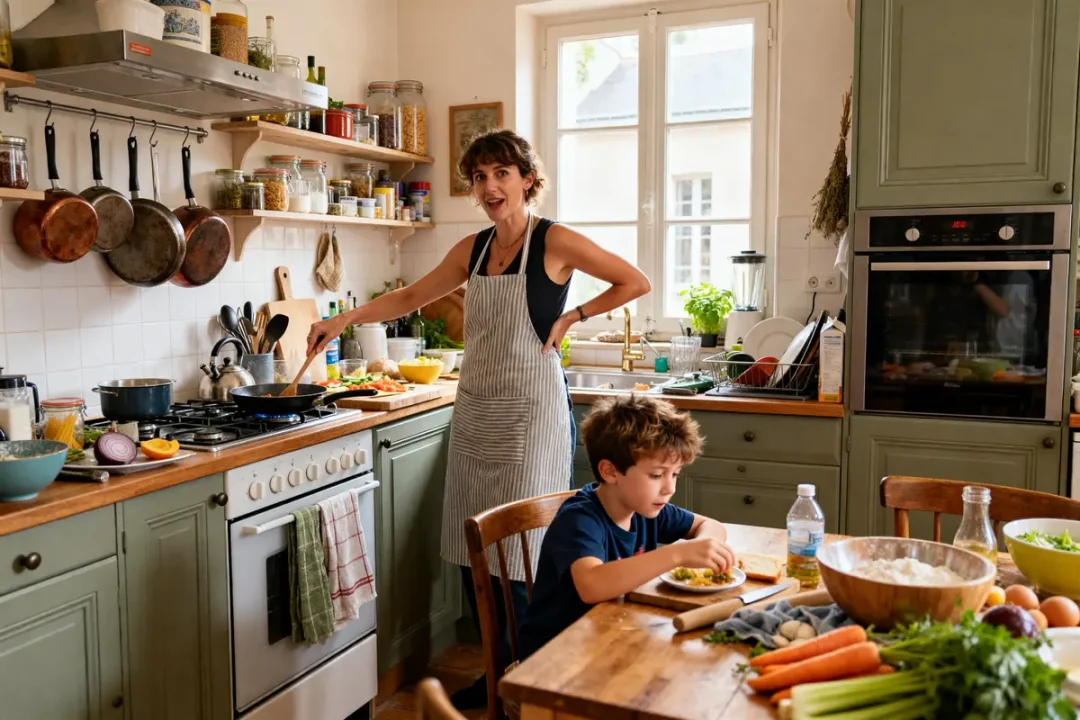 Maman cuisine en compagnie de son fils dans une cuisine chaleureuse à l'ouest-com
