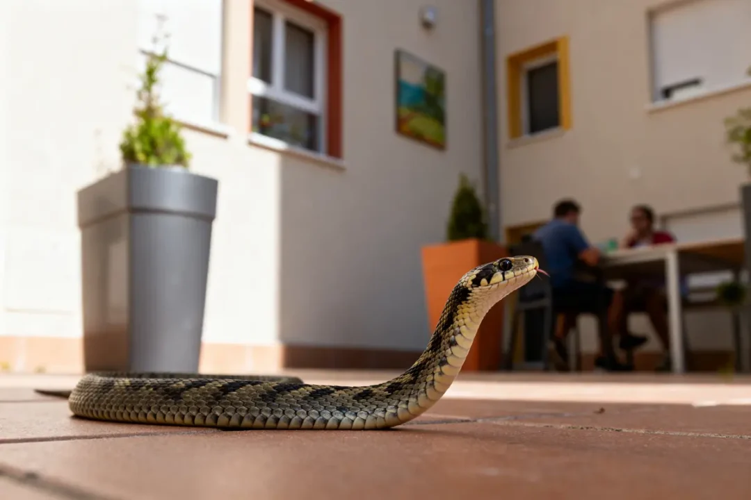 Serpent ophis sur terrasse, plantes en pot et personnes en arrière-plan flou