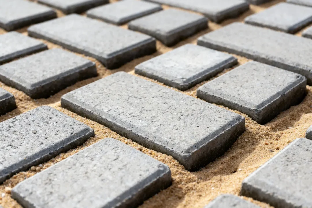 Gros plan sur des pavés autobloquants gris posés sur du sable brut