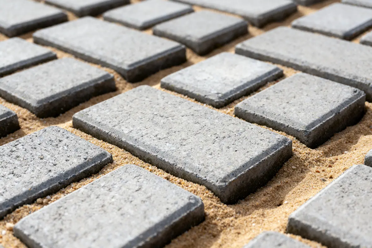 Gros plan sur des pavés autobloquants gris posés sur du sable brut