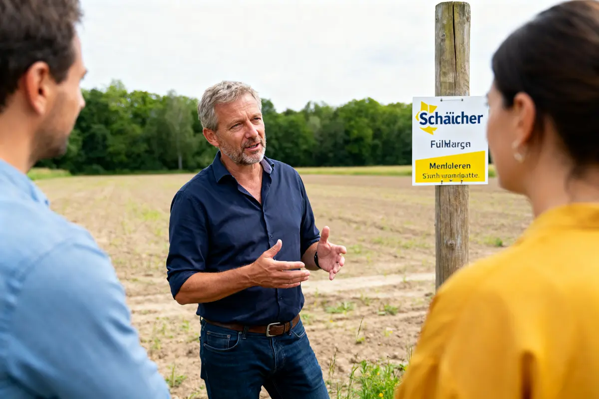 Discussion en plein champ avec un panneau schaucher affiché sur un poteau en bois