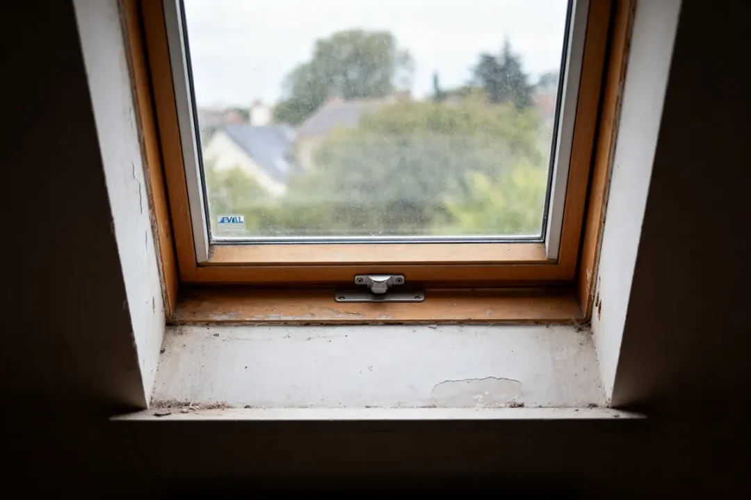 Fenêtre de toit vue intérieure avec vue extérieure et taille de Velux standard.