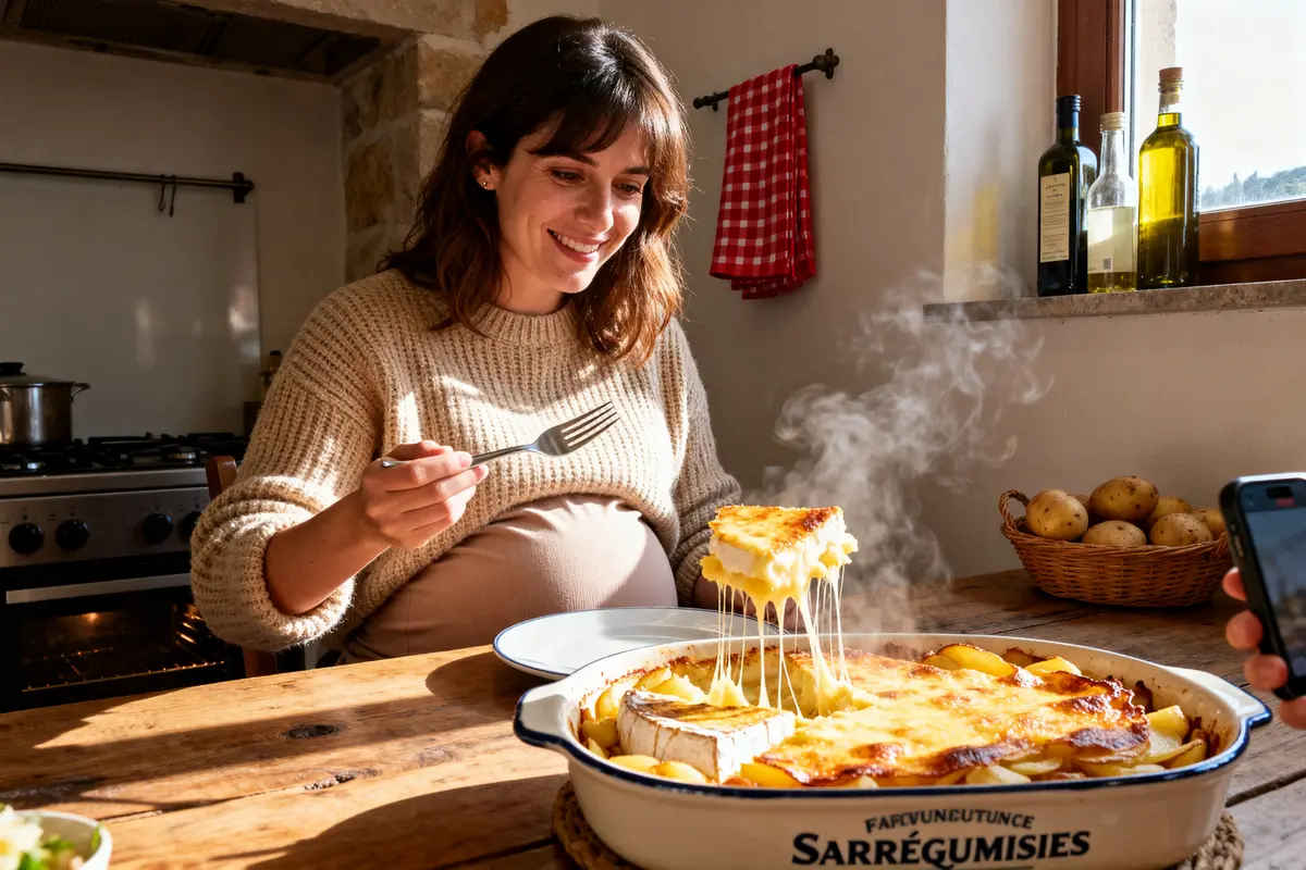 Femme enceinte savourant une tartiflette chaude dans une cuisine rustique ensoleillée