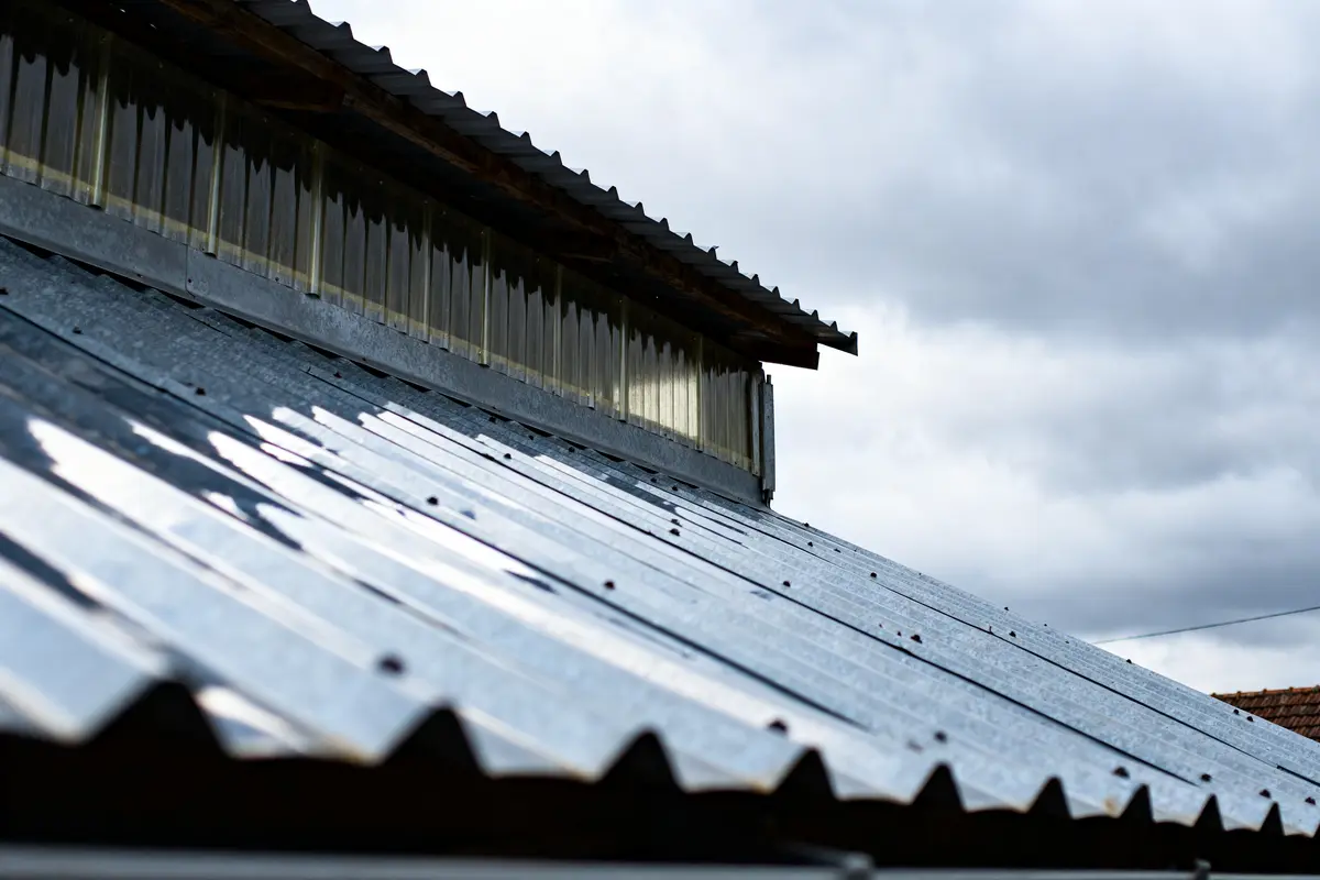 Toiture en bac acier ondulée sous ciel nuageux avec détails de fixation apparents