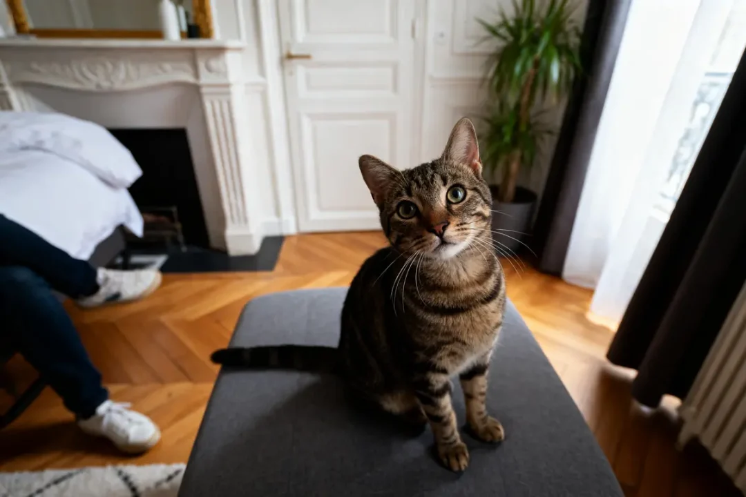 Chat tigré curieux assis près d'une cheminée, plante en arrière-plan dans le salon vampar