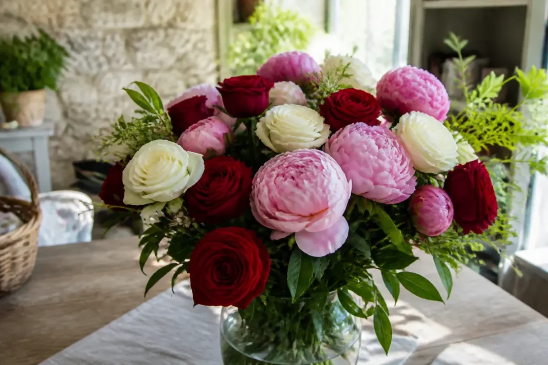 Bouquet coloré de pivoines et roses pour célébration d'anniversaire dans un vase en verre