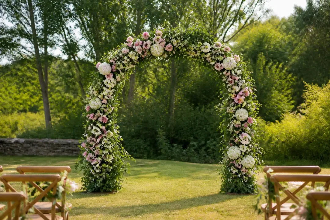 Arche fleurie décorée de roses blanches et roses dans un jardin verdoyant ensoleillé