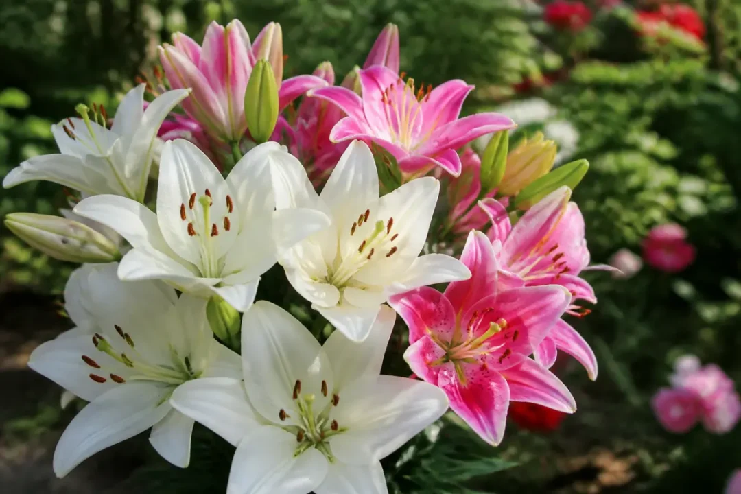 Un bouquet de lys blancs et roses épanouis dans un jardin verdoyant