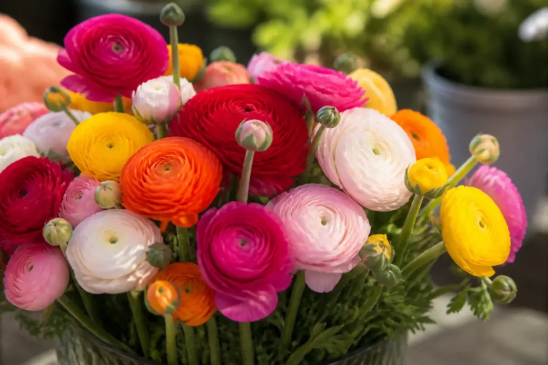 Bouquet de renoncules multicolores dans un vase, lumineux et vibrant, en gros plan