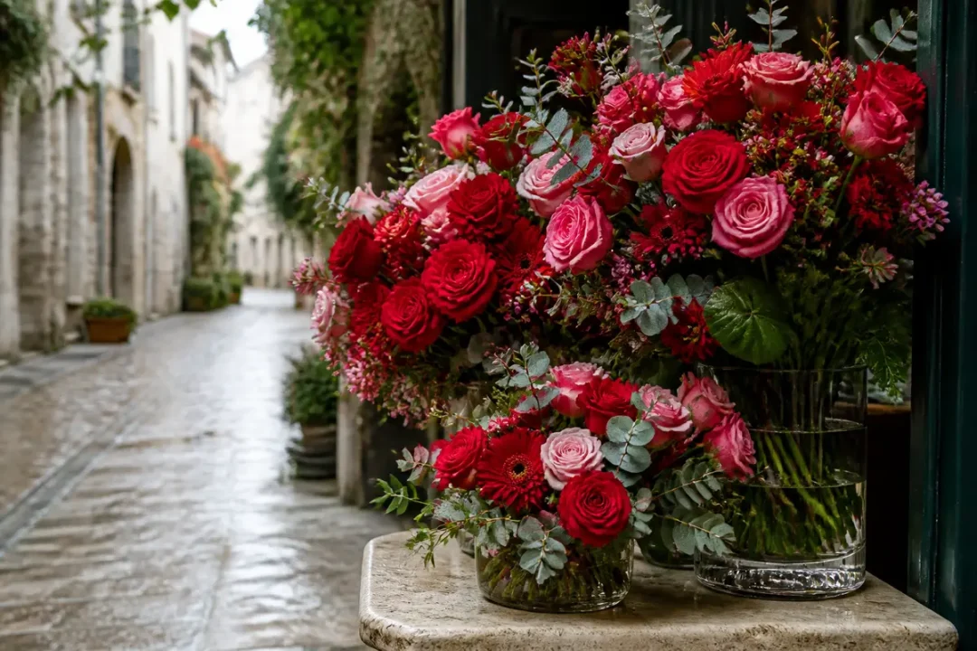 Bouquets de Saint-Valentin colorés sur une table dans une rue pittoresque.