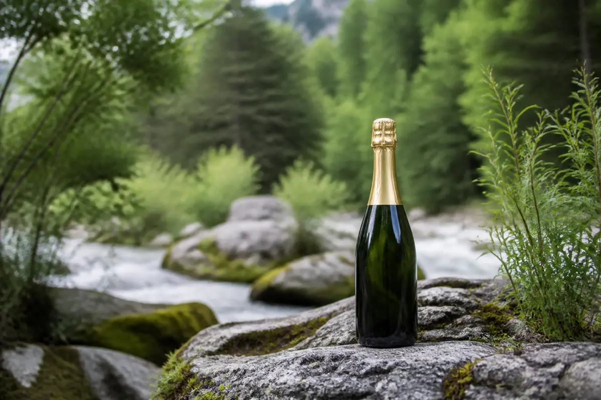 Bouteille de champagne posée sur un rocher près d'une rivière en forêt luxuriante