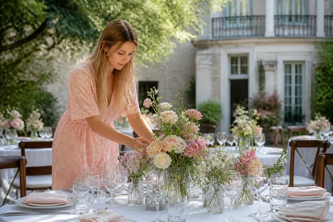 Décoration de table de mariage avec fleurs dans des couleurs pastels pour mariage élégant.