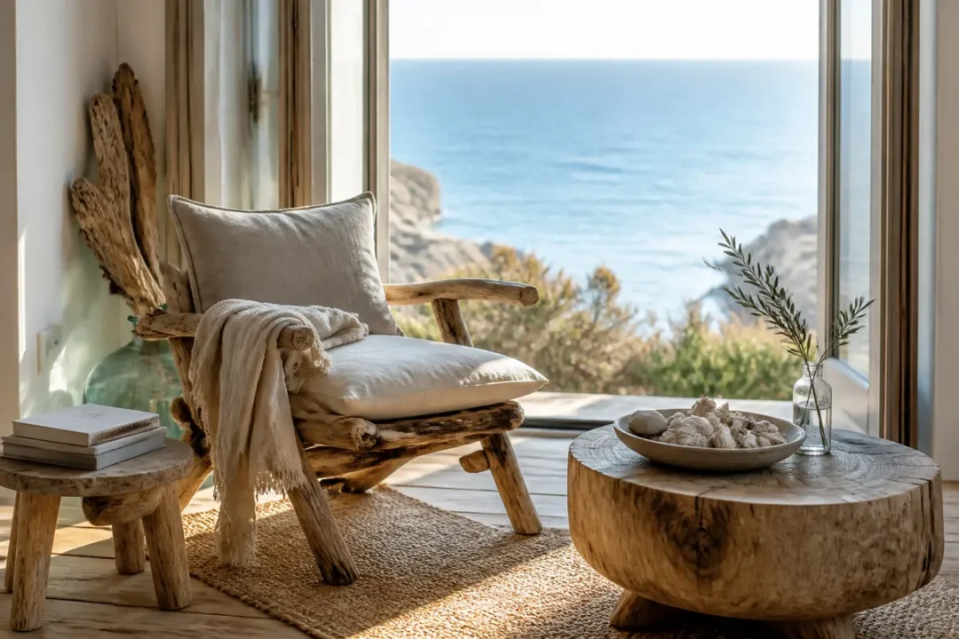 Fauteuil en bois face à la mer, déco bord de mer, style naturel et chaleureux