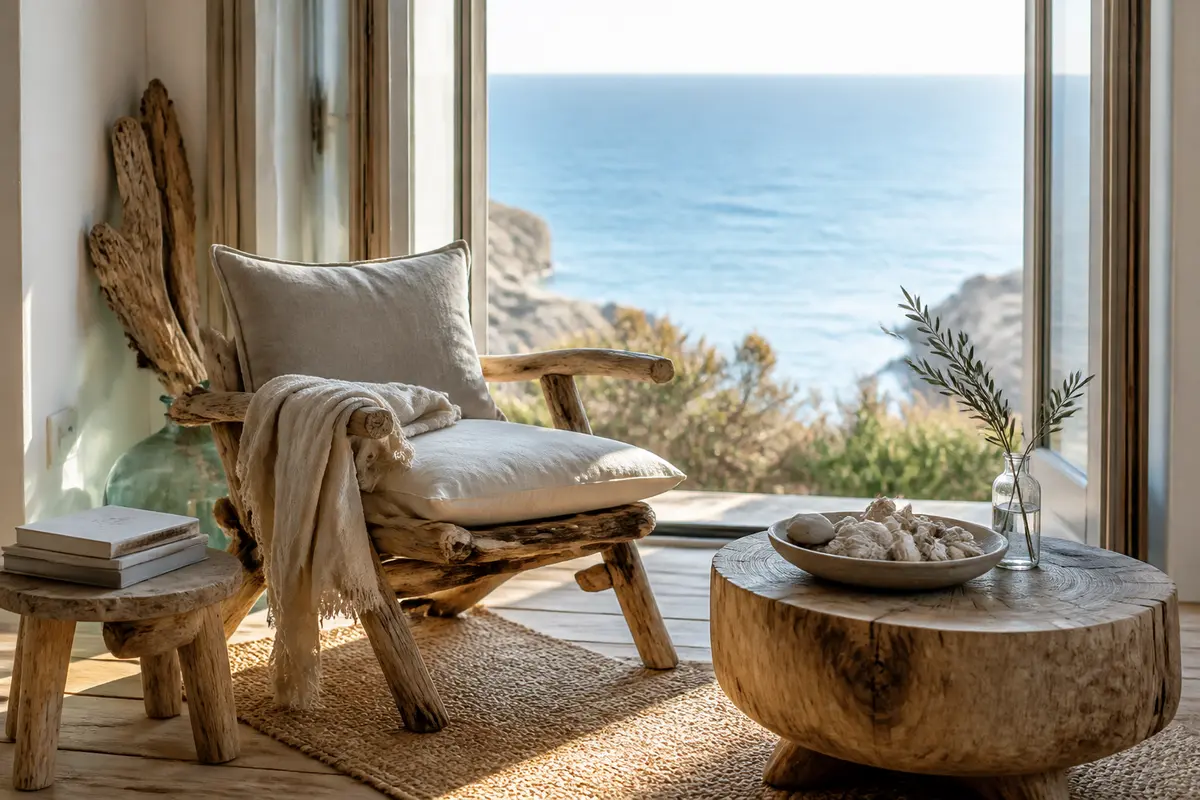 Fauteuil en bois face à la mer, déco bord de mer, style naturel et chaleureux