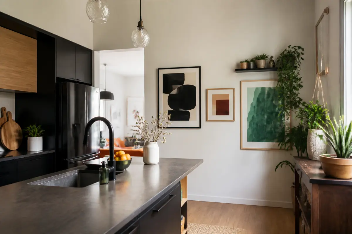 Cuisine moderne avec œuvres d'art murales et plantes décoratives integrées pour déco murale.