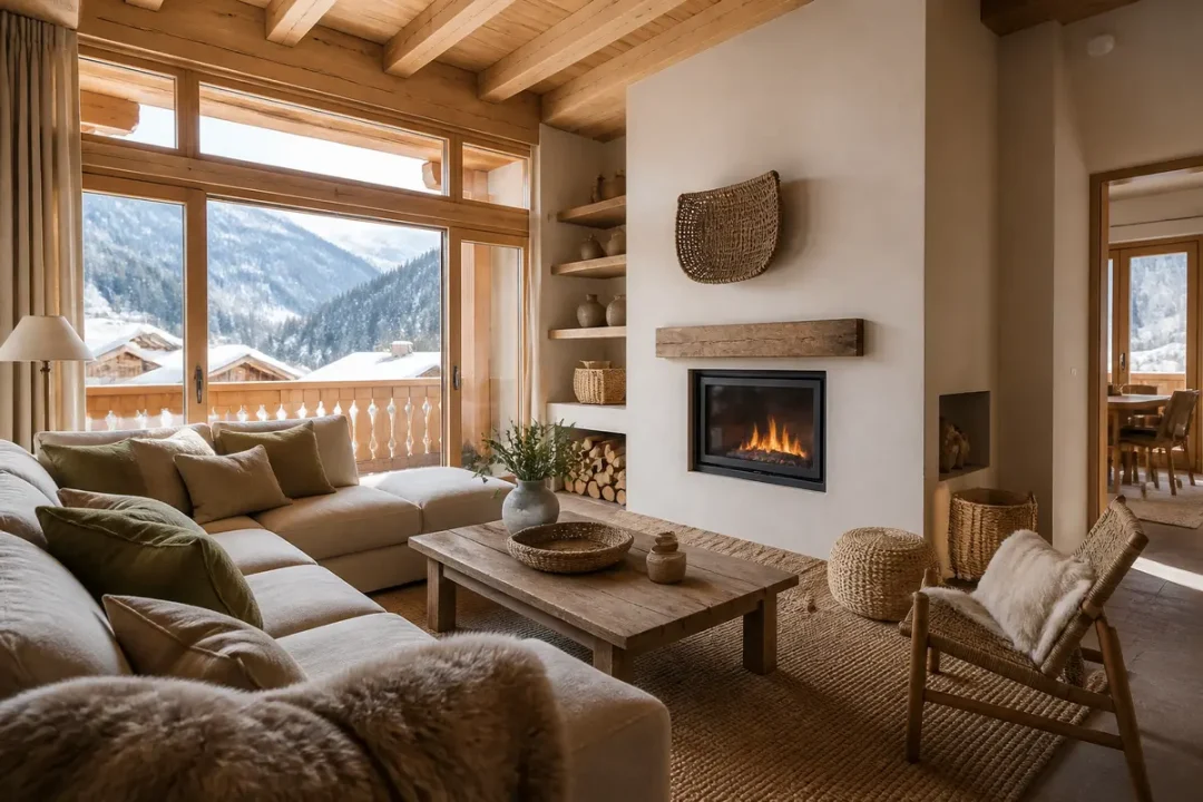 Salon confortable avec cheminée, vue sur montagne et deco de montagne chaleureuse en bois