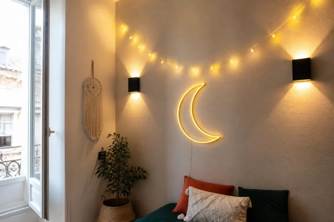 Intérieur cosy avec décoration lumineuse murale en forme de lune et guirlande lumineuse