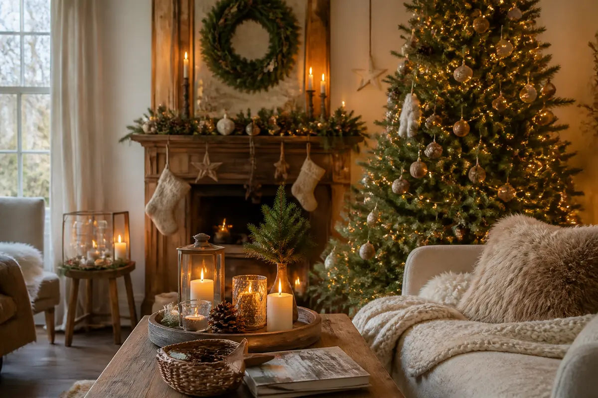 Salon chaleureux avec sapin et cheminée ornés pour la décoration de Noël intérieure