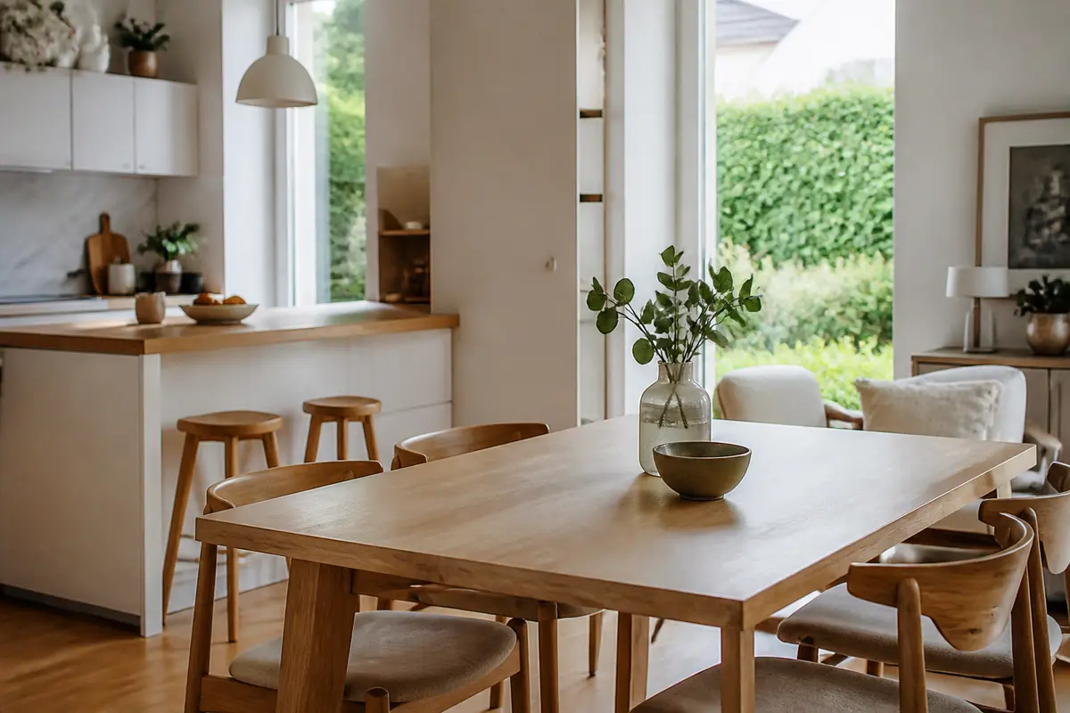 Salle à manger lumineuse avec des meubles de décoration scandinave en bois clair