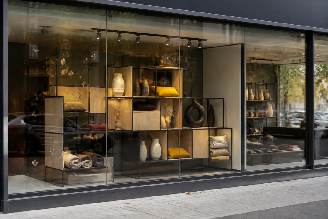 Vitrine moderne avec objets décoratifs et agencement de décoration vitrine élégante et minimaliste