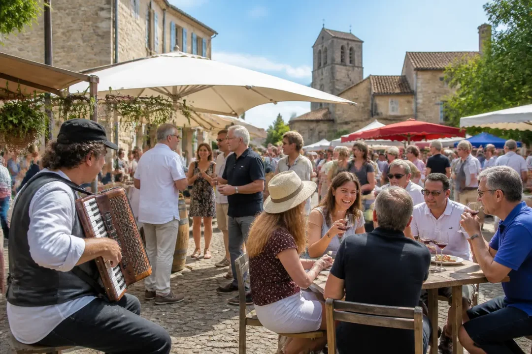 Fête de village en Gironde ce week-end avec musique et convives en terrasse animée