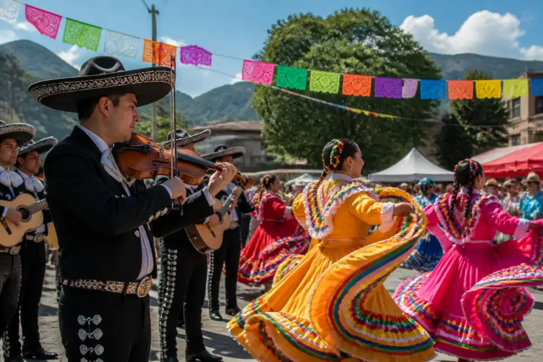 Musiciens et danseurs traditionnels lors d'une fête mexicaine à Barcelonnette, costumes colorés éclatants.