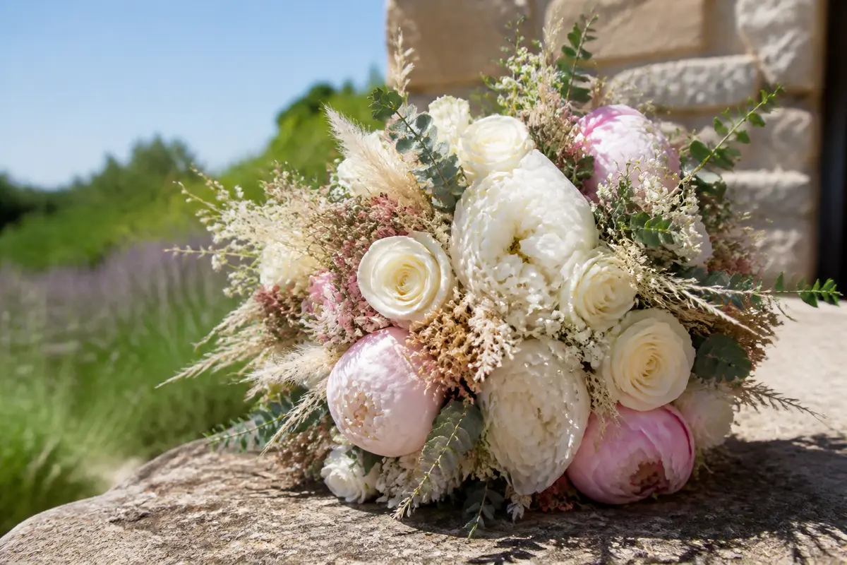 Bouquet de fleurs pour mariage avec roses blanches et pivoines roses sur pierre.