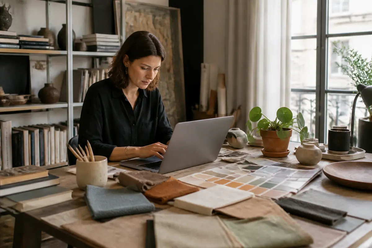 Femme préparant un devis décoration lestylechezsoi avec un ordinateur portable et des échantillons textile