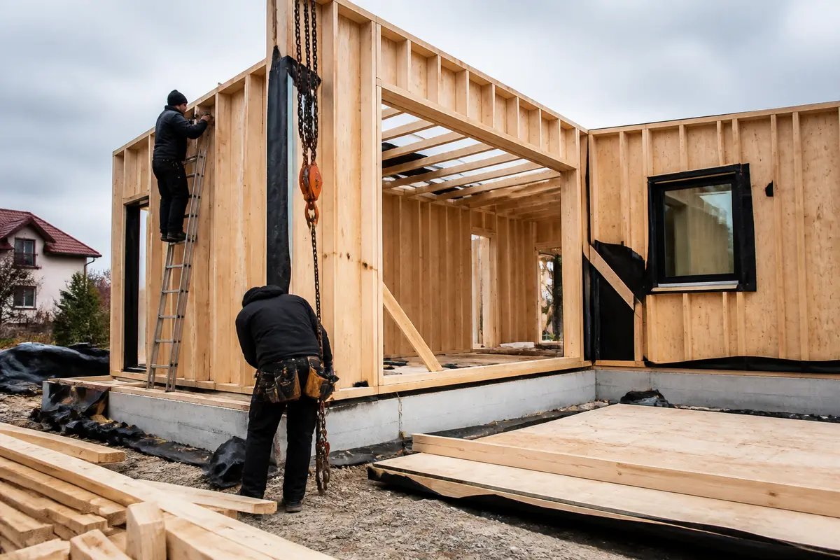 Construction en bois d'une maison préfabriquée avec ouvriers travaillant sur le chantier.