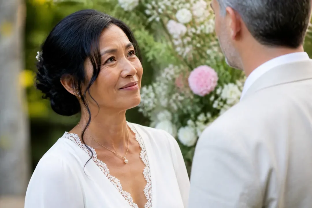 Portrait de Nathalie Thu Huong-Lagier lors d’une cérémonie de mariage en extérieur