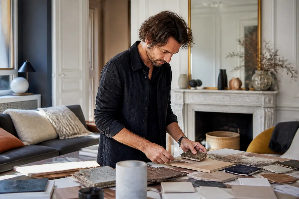Décorateur intérieur examinant échantillons de tissus dans un salon élégant, coût en décoration intérieure