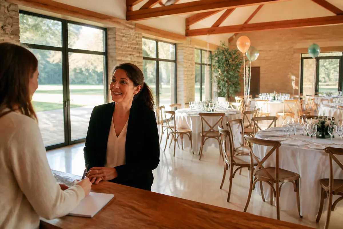 Deux femmes discutent des prix pour la location d'une salle des fêtes élégante.