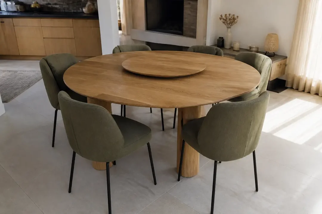 Salle à manger avec table ronde de 150 cm entourée de chaises vertes.