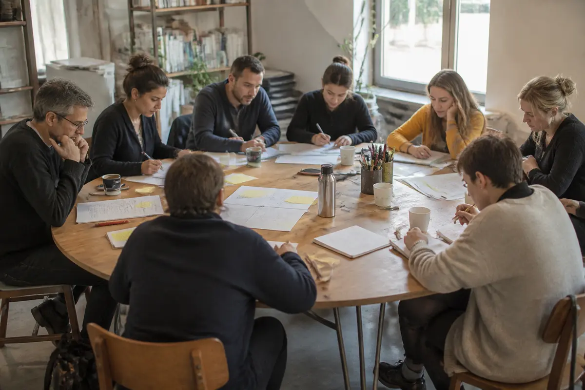 Personnes travaillant autour d'une grande table ronde pour 8 personnes dans une salle lumineuse