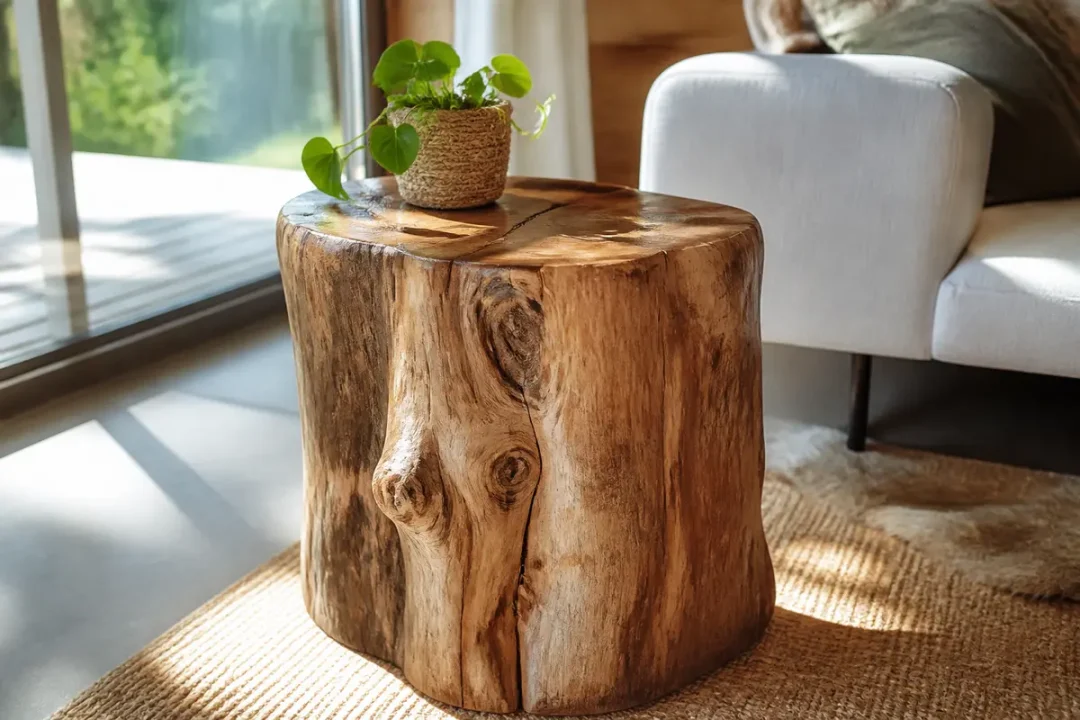 Table basse en tronc d’arbre avec plante, décoration intérieure lumineuse et naturelle