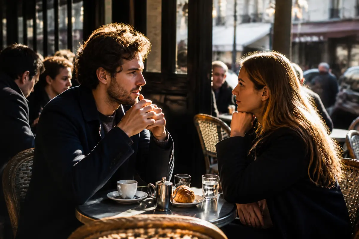Couple discutant dans un café évoquant 90 jours pour se marier saison 10.