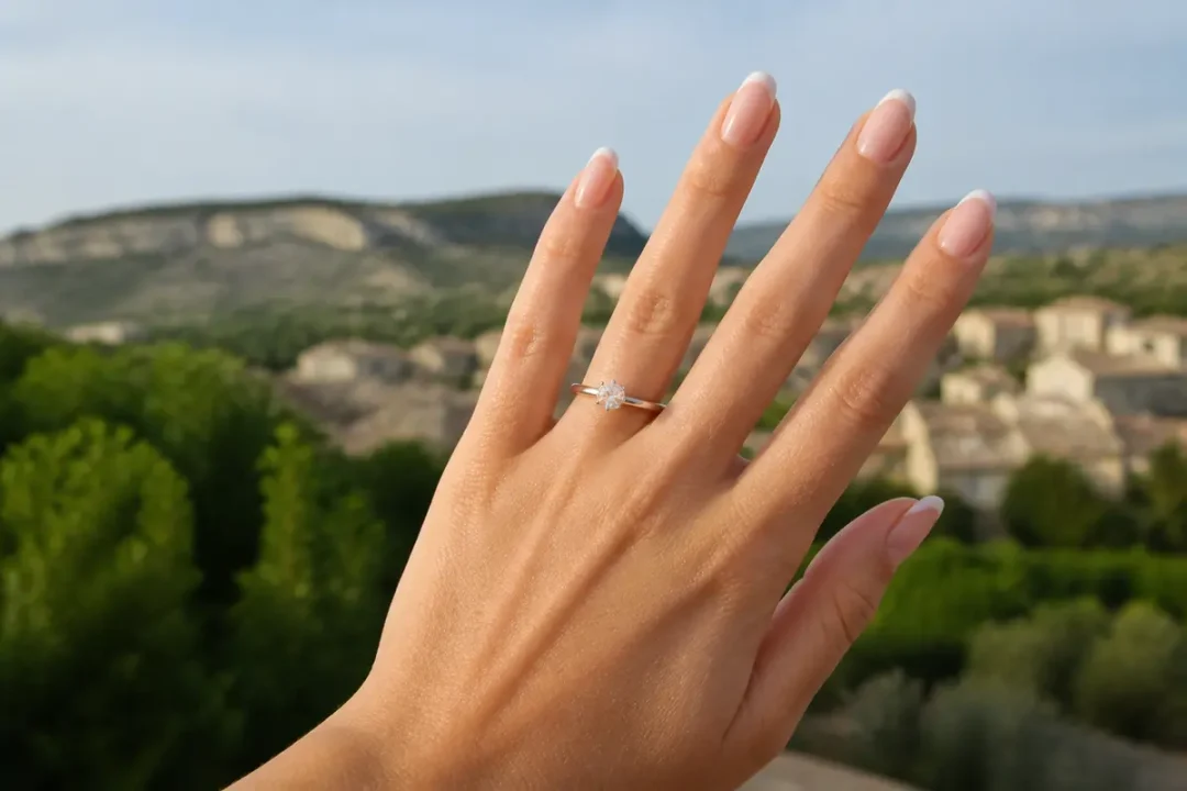 Main avec bague de fiançailles femme, vue sur paysage champêtre en arrière-plan