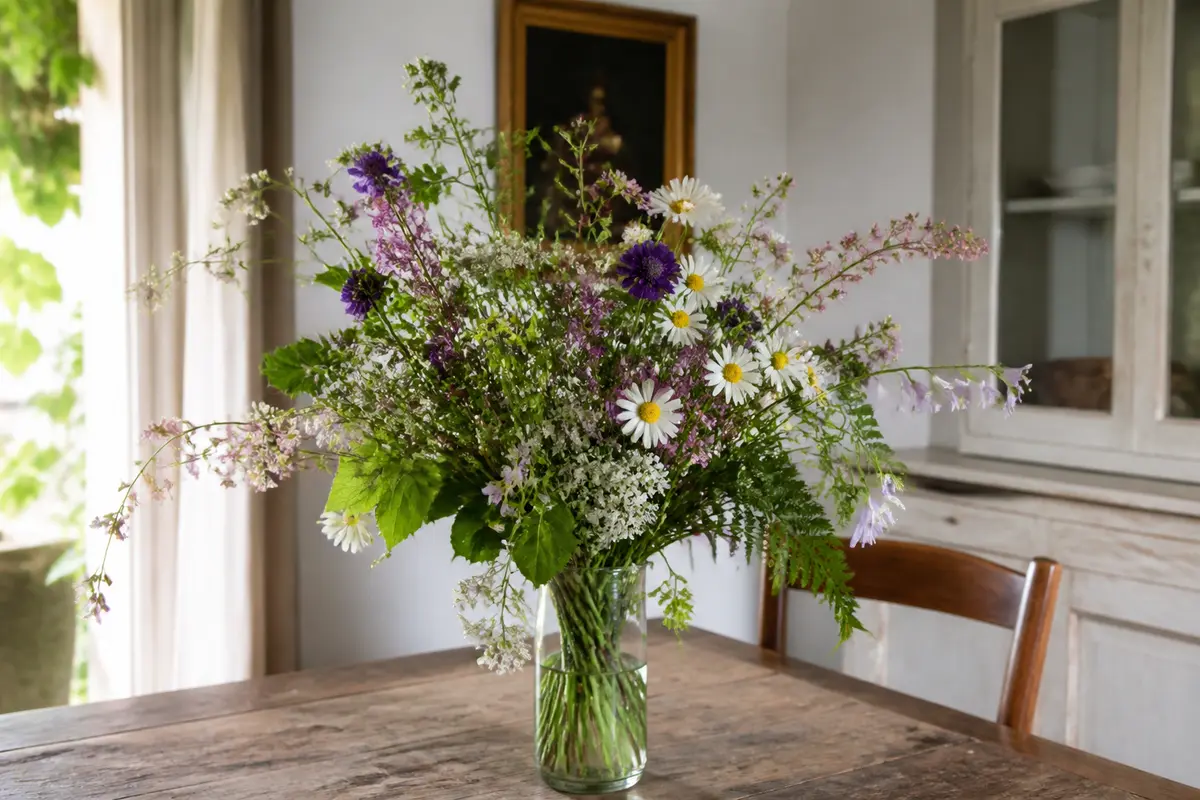 Vase en verre sur table contenant un bouquet champêtre de fleurs sauvages colorées