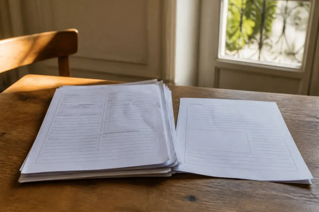 Formulaires administratifs cerfa Pacs posés sur une table en bois près d'une fenêtre