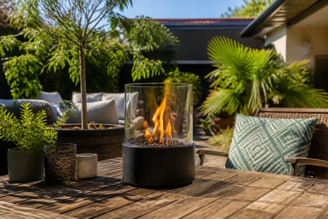 Cheminée de table moderne avec flamme sur terrasse extérieure ensoleillée avec végétation luxuriante