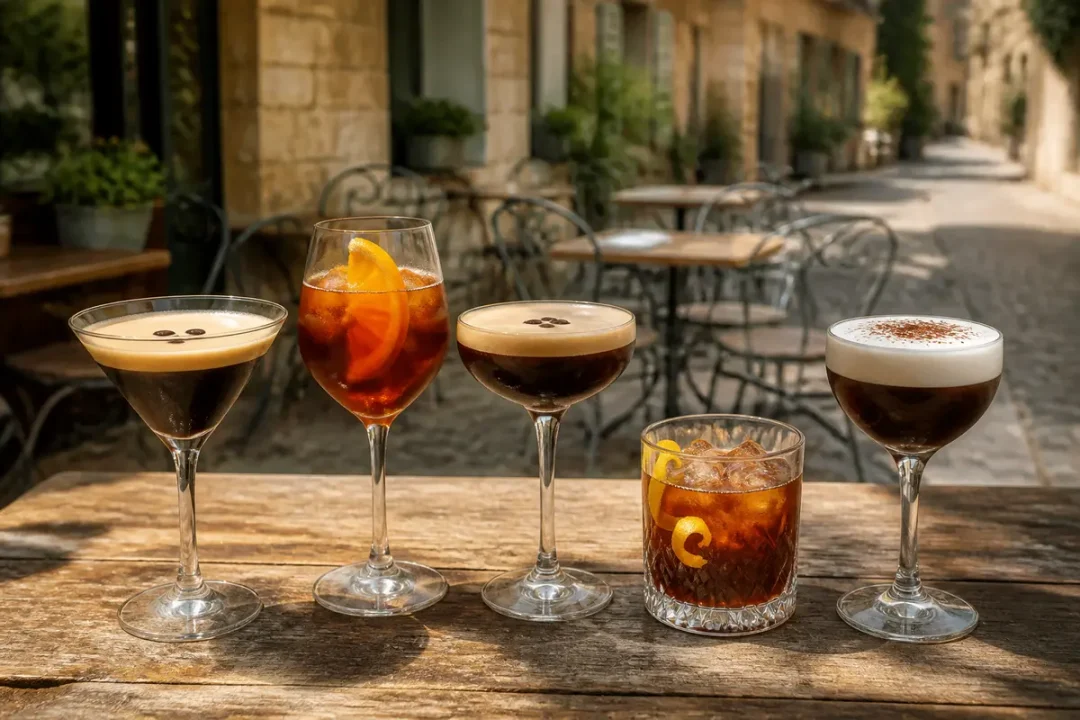 Cinq verres élégants présentent des variations de cocktail au café en terrasse paisible.