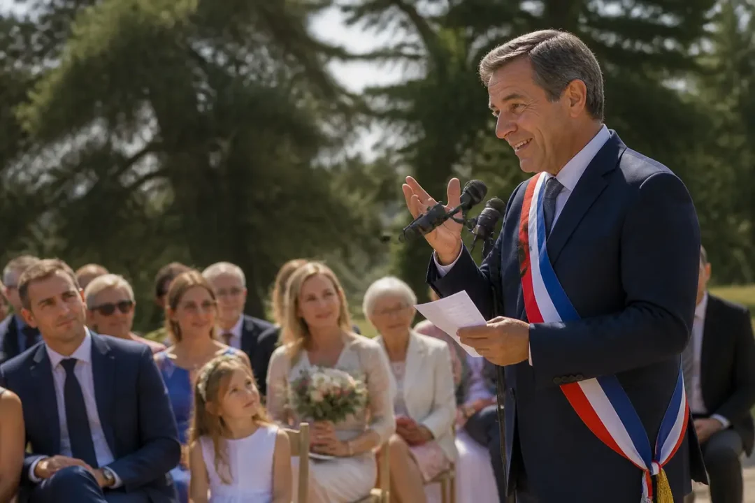 Le maire prononce un discours pour un remariage en plein air devant les invités