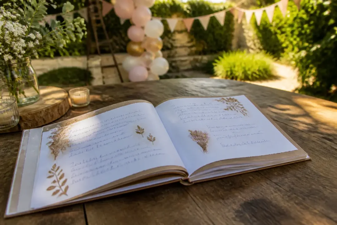 Livre d'or d'anniversaire ouvert sur table en bois, avec fleurs séchées et décorations festives