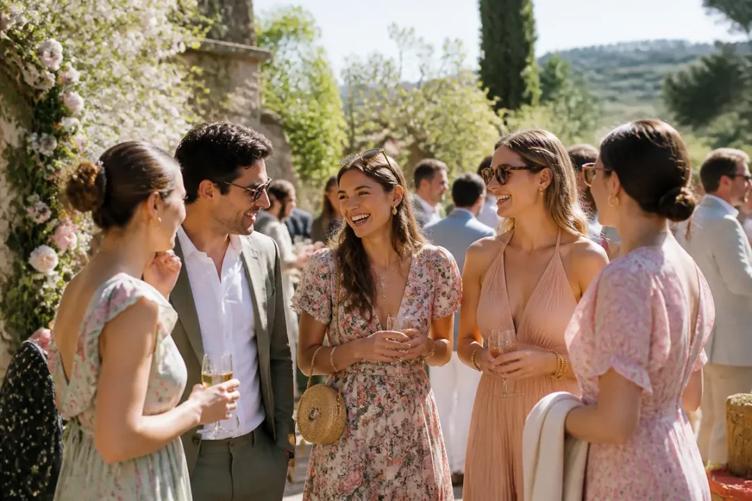 Invités joyeux discutant lors d'un mariage au printemps dans un jardin ensoleillé