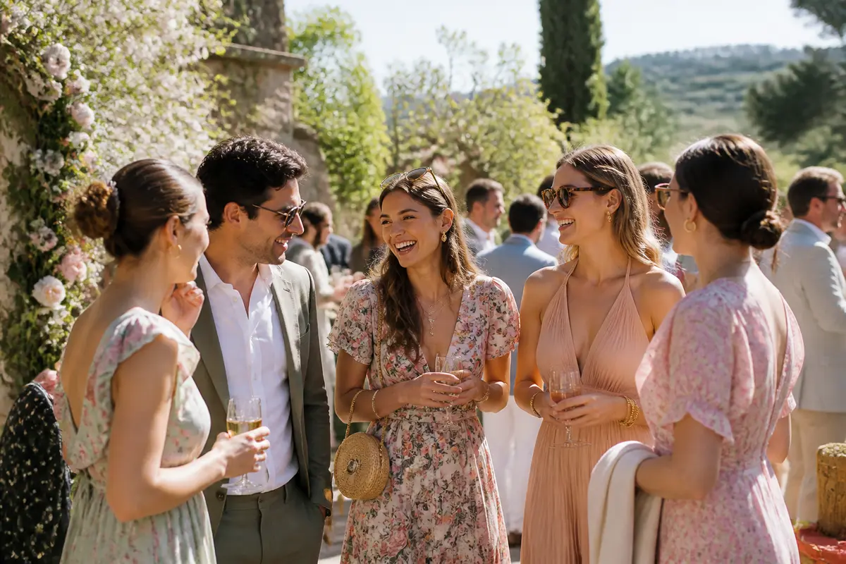 Invités joyeux discutant lors d'un mariage au printemps dans un jardin ensoleillé