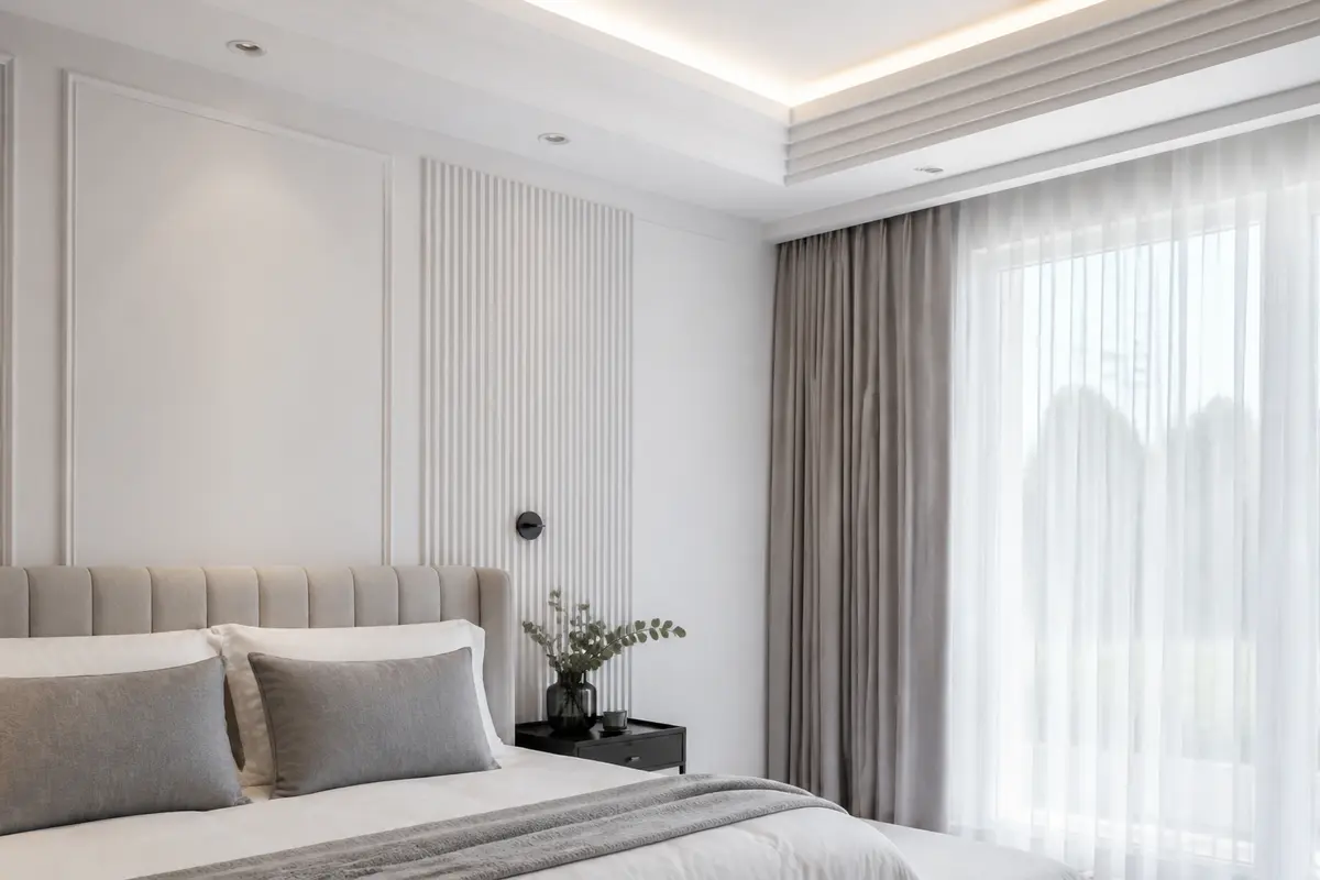 Chambre élégante avec moulures murales oracdecor et rideaux gris dans la lumière naturelle